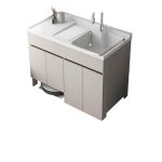 Quartz Sink with Silver Faucet in Warp-proof Free-standing Standard Bathroom Vanity with 4 Doors, Beige Base, and Backsplash, Vanity & Faucet, 43"L x 25"W x 36"H