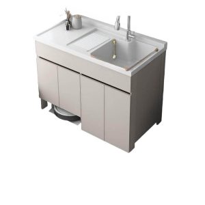 Quartz Sink with Silver Faucet in Warp-proof Free-standing Standard Bathroom Vanity with 4 Doors, Beige Base, and Backsplash, Vanity & Faucet, 43"L x 25"W x 36"H
