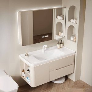 Bathroom Vanity with 4 Doors, Chalk Faucet, Beige Base, Backsplash, Ceramic Countertop, Overflow Hole, and Contemporary Style, Vanity & Faucet & Fully Sealed Smart Mirror Cabinet, 40"L x 20"W x 19"H