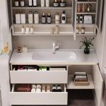 Bathroom Vanity with 5 Doors, Chalk Faucet, Beige Base, Ceramic Countertop, Overflow Hole, Contemporary Style, and Rectangular Sink, 55"L x 20"W x 20"H, Vanity & Smart Mirror Cabinet