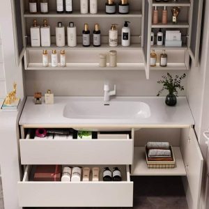 Bathroom Vanity with 5 Doors, Chalk Faucet, Beige Base, Ceramic Countertop, Overflow Hole, Contemporary Style, and Rectangular Sink, 55"L x 20"W x 20"H, Vanity & Smart Mirror Cabinet