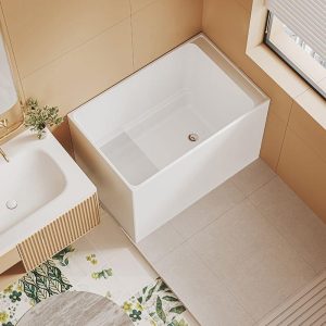 Freestanding Bathtub with Seat, Rectangle Casual Chalk Back to Wall Lucite Soaking, 55.1"L x 27.6"W x 28.7"H, Tub Only