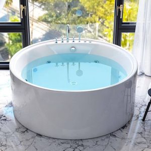 Circular Freestanding Bathtub With Massage, Roll Top and Compression Faucet - 47"L x 47"W x 24"H Tub & Silver Five-Piece Set