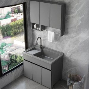 Quartz Sink in Light Gray Bathroom Vanity, Free-standing Standard with 4 Doors, Backsplash, Ink Faucet, Modish Style, Vanity & Faucet, 59"L x 25"W x 34"H
