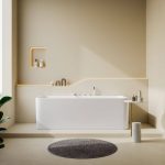 Freestanding Bathtub with 3 Handles, Compression Faucet, Valve, Rectangle Shape, Casual Style, Chalk Color, and Back to Wall Design, 55"L x 28"W x 23"H