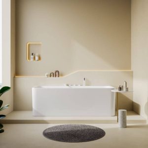 Freestanding Bathtub with 3 Handles, Compression Faucet, Valve, Rectangle Shape, Casual Style, Chalk Color, and Back to Wall Design, 55"L x 28"W x 23"H