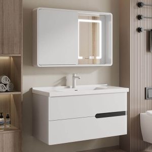 Bathroom Vanity with 1 Door, Spill Proof White Base, Backsplash, Ceramic Countertop, Overflow Hole, and Contemporary Style, Vanity & Faucet & Mirror Cabinet, 36"L x 19"W x 21"H