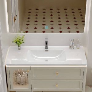Bathroom Vanity with Stone Sink, Cabinet Hardware, 4 Doors, Beige Base, Chalk Sink Finish, Black Faucet, and Overflow Hole, Vanity & Smart Mirror Cabinet, 43"L x 20"W x 19"H