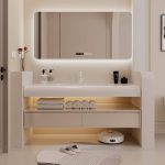 Ivory Bathroom Vanity with Biscuit Stone Water Channel & White Faucet & Shelf & Drain Assembly & 1 Mirror, 31.5"L x 19.5"W x 16"H, Bathroom Vanity & Faucet & Smart Vanity Mirror Cabinet