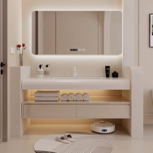 Ivory Bathroom Vanity with Biscuit Stone Water Channel & White Faucet & Shelf & Drain Assembly & 1 Mirror, 31.5"L x 19.5"W x 16"H, Bathroom Vanity & Faucet & Smart Vanity Mirror Cabinet